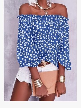 Off-Shoulder Blue Daisy Print Women’s Top